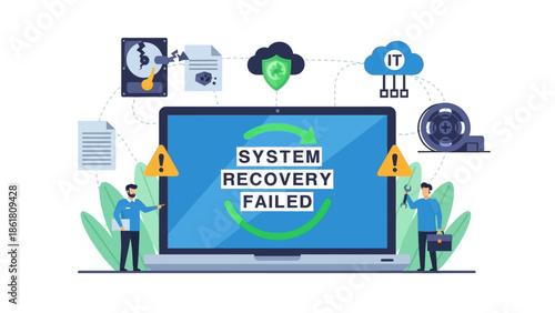 System Recovery Failure Alert on Laptop Screen with Warning Symbols and Users Nearby