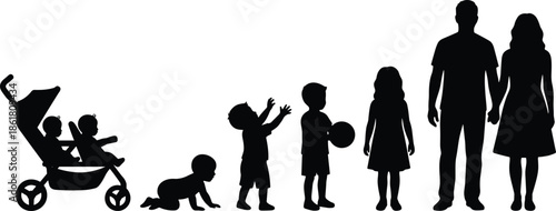 Family life cycle silhouette from baby stroller to parents and children, growth development stages black vector illustration isolated