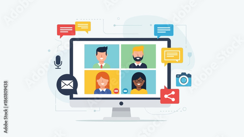 Virtual meeting on computer screen with diverse participants and communication icons