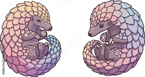 Cartoon pastel pangolins curled in circle, colorful gradient scales, whimsical exotic animals, fantasy wildlife illustration, imaginative children’s artwork, magical creature design