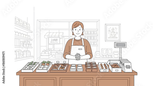 Vendor selling fresh produce at a market stall with a welcoming gesture