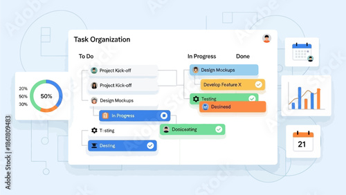 Task organization interface showcasing project management tools and progress analytics on a digital dashboard
