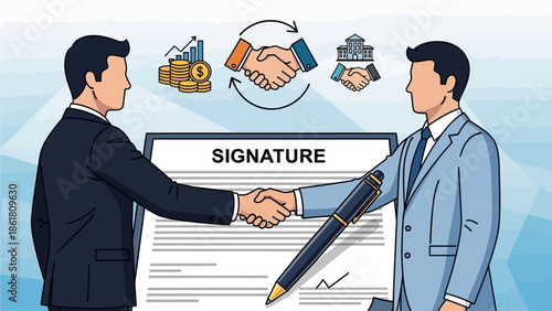 Two businessmen shaking hands over a signature document with a large pen