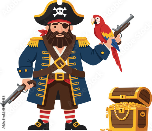 Cartoon pirate character illustration, treasure chest full of gold, parrot companion artwork, adventure theme drawing, colorful fantasy pirate design, comic style