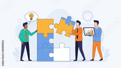 Three individuals collaborating to assemble puzzle pieces, symbolizing teamwork and problem-solving in a creative environment