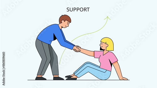 Man assisting woman to stand up, conveying support and help in a simple illustration