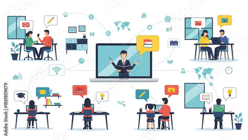 A person presenting to a remote team on a large screen surrounded by various communication icons and colleagues working at their desks