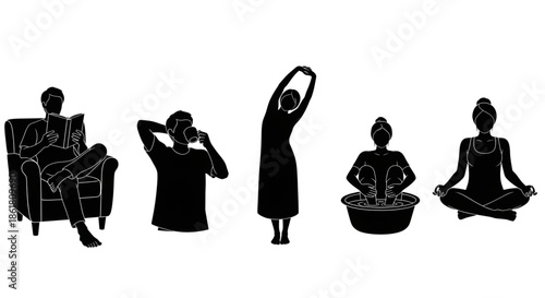 Self Care and Wellness Routine Silhouette Set Featuring Yoga, Meditation, Reading, and Relaxation Activities