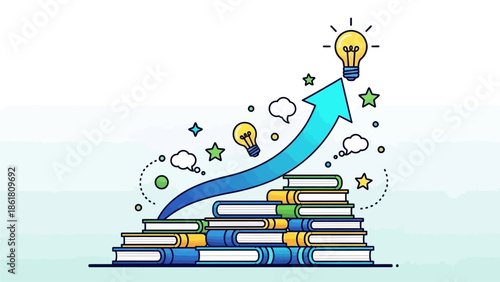 Creative ideas emerging from a stack of books with lightbulb and thought bubbles
