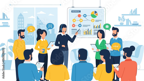 Business presentation in a modern office setting with graphs and charts on the board