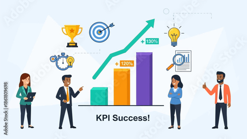 Business professionals celebrating KPI success with upward trending graph and icons PageSpeed Insights d2bc8e80-fe45-455 PageSpeed Insights