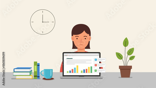 Woman analyzing data on laptop with charts and graphs in a calm office environment