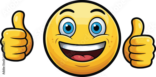Cartoon smiley face, cheerful emoji character, happy yellow mascot illustration, double thumbs up design, positive expression artwork, playful encouragement graphic