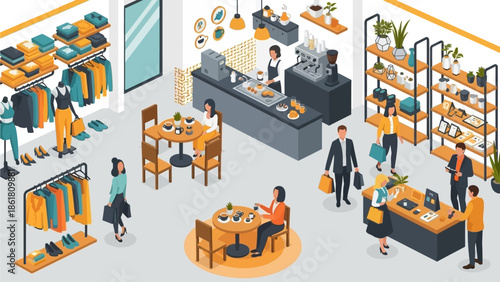 Busy Retail Scene with Shoppers and Employees in a Modern Clothing Store Interior