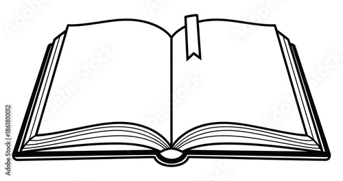 Simple outline drawing of an open book showing blank pages ready for text or illustration representing knowledge learning and the beginning of a new story or educational venture.
