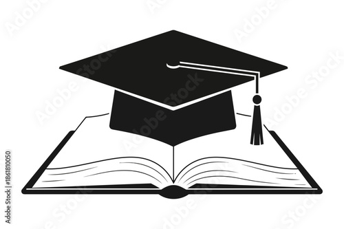 Academic graduation cap resting atop an open book silhouette symbolizing higher education achievement knowledge learning and the culmination of dedicated scholarly pursuit for graduates worldwide.