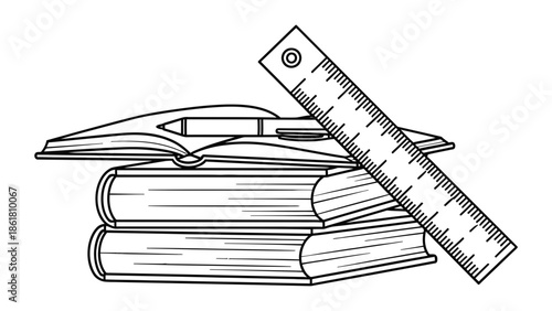 Stack of textbooks sits beneath a long measuring ruler in this simple black and white line art graphic symbolizing education learning measurement and academic study requirements for school.