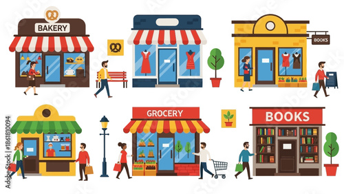 Vibrant Storefronts Page Concept Illustrating Various Shops and Pedestrians in a Bustling b78747d8 Scene