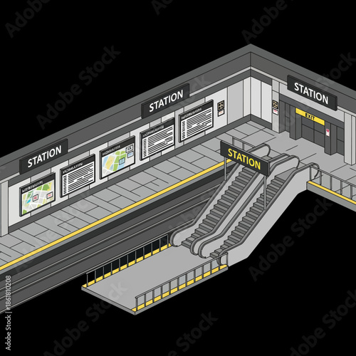 Underground Subway Station with Escalator and Stairs.