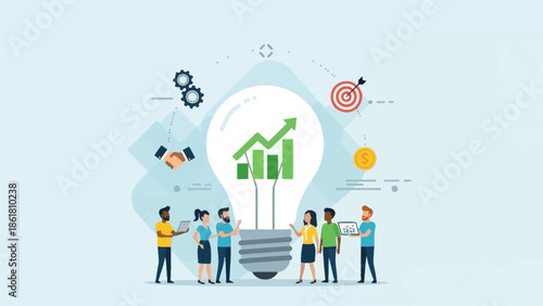 Creative Team Brainstorming Around a Giant Lightbulb with Growth Chart