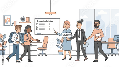 Colleagues interacting in a modern office environment with a presentation