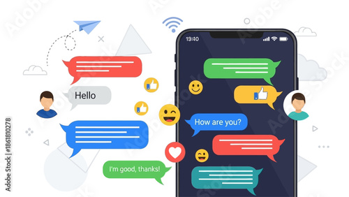 Smartphone displaying various emoticons and text messages in a digital communication interface a323834e