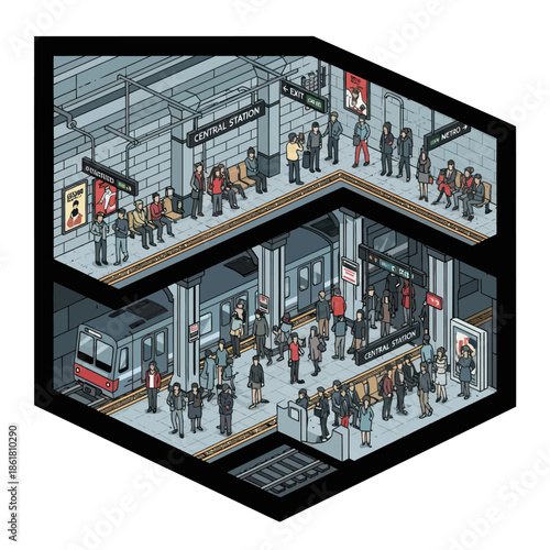 Isometric Subway Station with Commuters and Train.