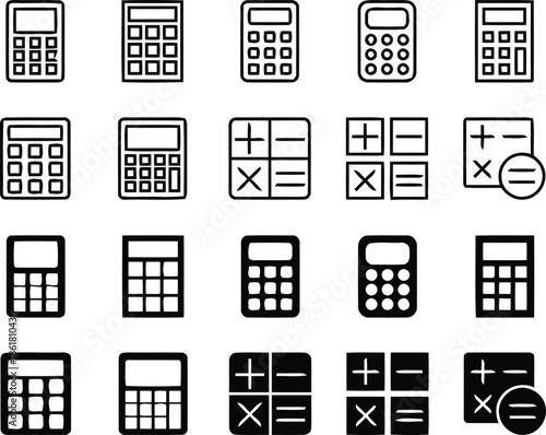 Selection of Calculator Icons and Symbols in Black Line Art on Transparent