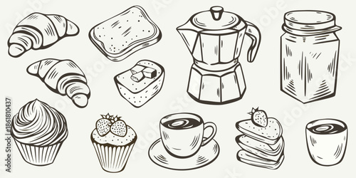A delightful sketch of breakfast pastries coffee and a sweet treat selection