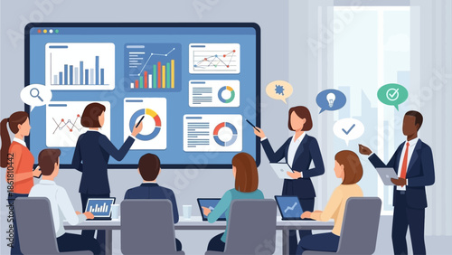 Business professionals collaborating around a presentation screen displaying various charts and graphs in a modern office setting