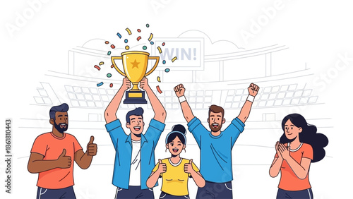 Triumphant Team Celebrating Victory with Golden Trophy in Stadium