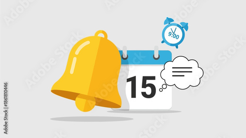 Reminder Bell Rings on Calendar Date with Clock Indicating Time