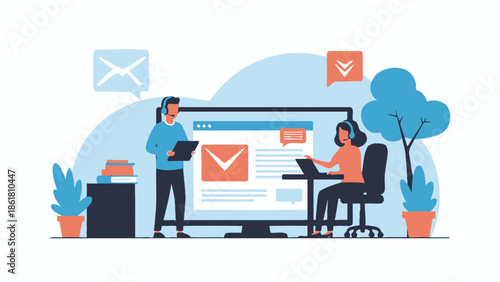 Workspace Scene with People Working on Documents and Checking Emails