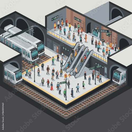 Isometric Subway Station with People and Trains.