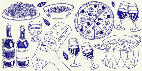 A charming sketch of assorted italian foods wine and dining elements