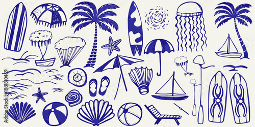 Blue and white summer themed doodles of beach items and marine life