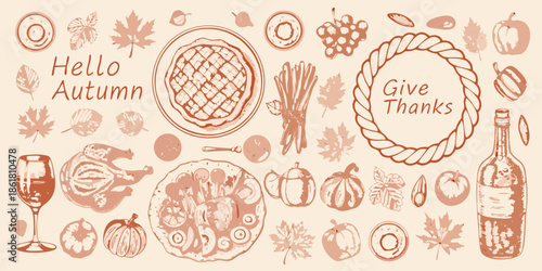 Autumn harvest sketches a festive illustration with fruits pies and thankful messages