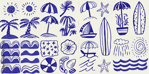 A collection of blue sketched summer icons sun waves palm trees and more