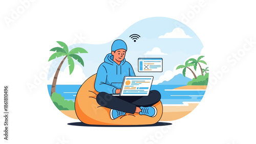 A person working on a laptop while sitting on a bean bag chair at the beach with palm trees surrounding them, enjoying a relaxed atmosphere.