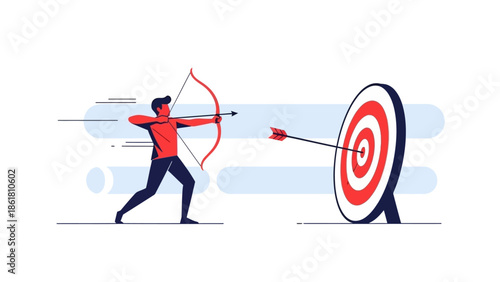 Man in red shirt hitting target with arrow, 94438b87 precision and focus illustrated