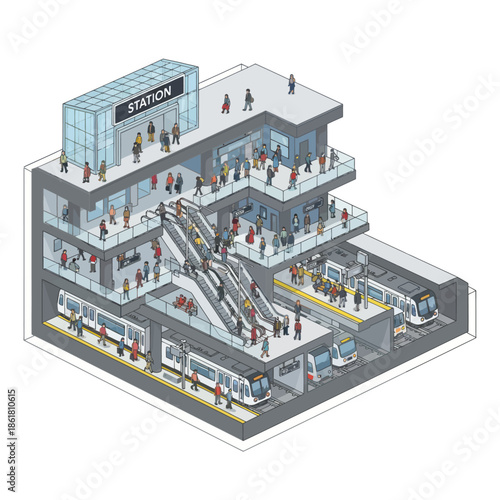 Isometric View of Busy Train Station Platform.