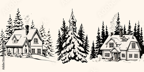 Winter scene with quaint cottages a church and snow covered evergreen trees