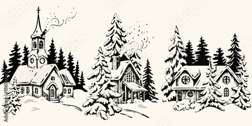 Charming winter scene with a church houses and snow covered evergreen trees