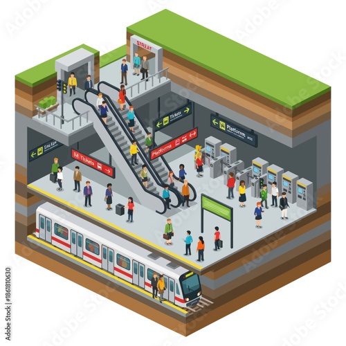 Isometric Subway Station with People and Trains.
