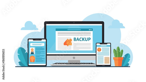 Data backup process on multiple devices in a modern workspace with technology and greenery