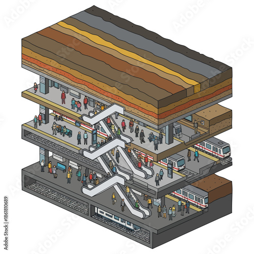 Isometric View of Multilevel Shopping Mall Interior.