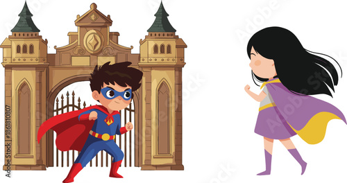 Cartoon superhero boy with red cape and golden castle gate, superhero girl with purple dress and yellow cape, fantasy comic illustration