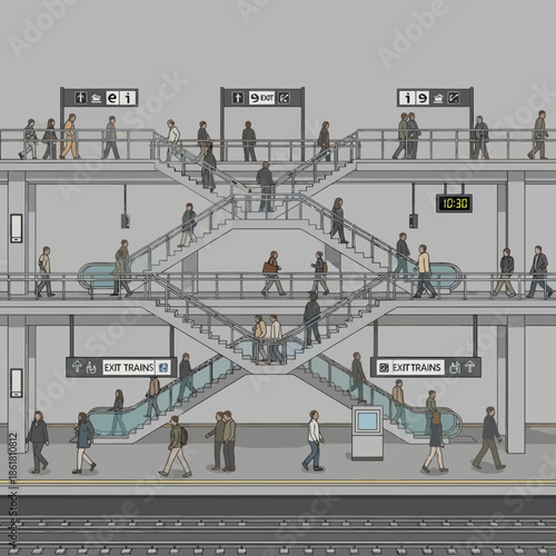Multi Level Subway Station with People.
