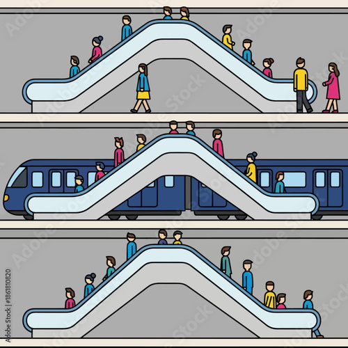 People Riding Escalators and Subway Train.
