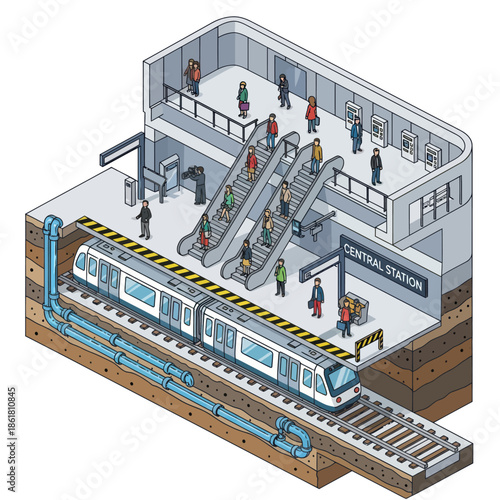 Isometric View of Central Train Station Scene.